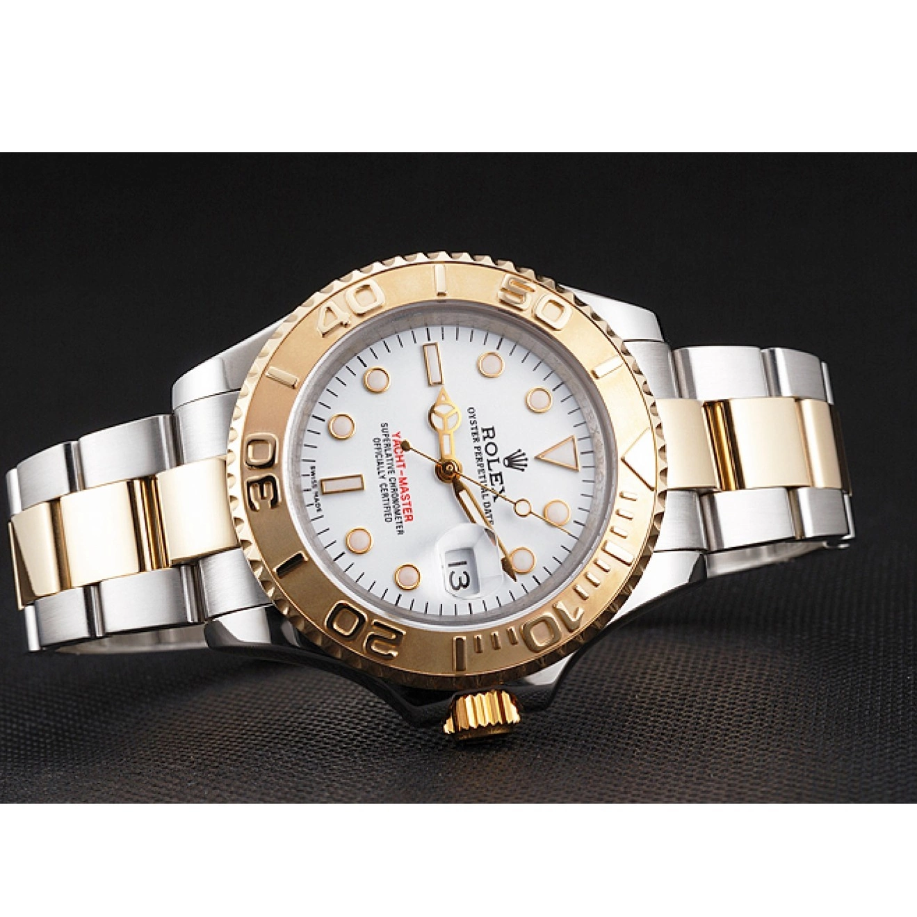 Aaa replica watch Case Tone Steel Yacht-Master Two Dial Stainless Bezel Gold White Swiss Bracelet Rolex 0725